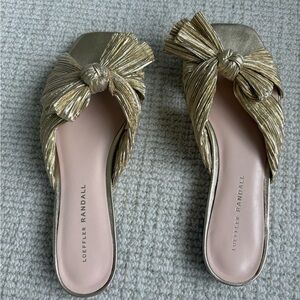 Loeffler Randall Metallic Gold Knotted Bow Slide Mules